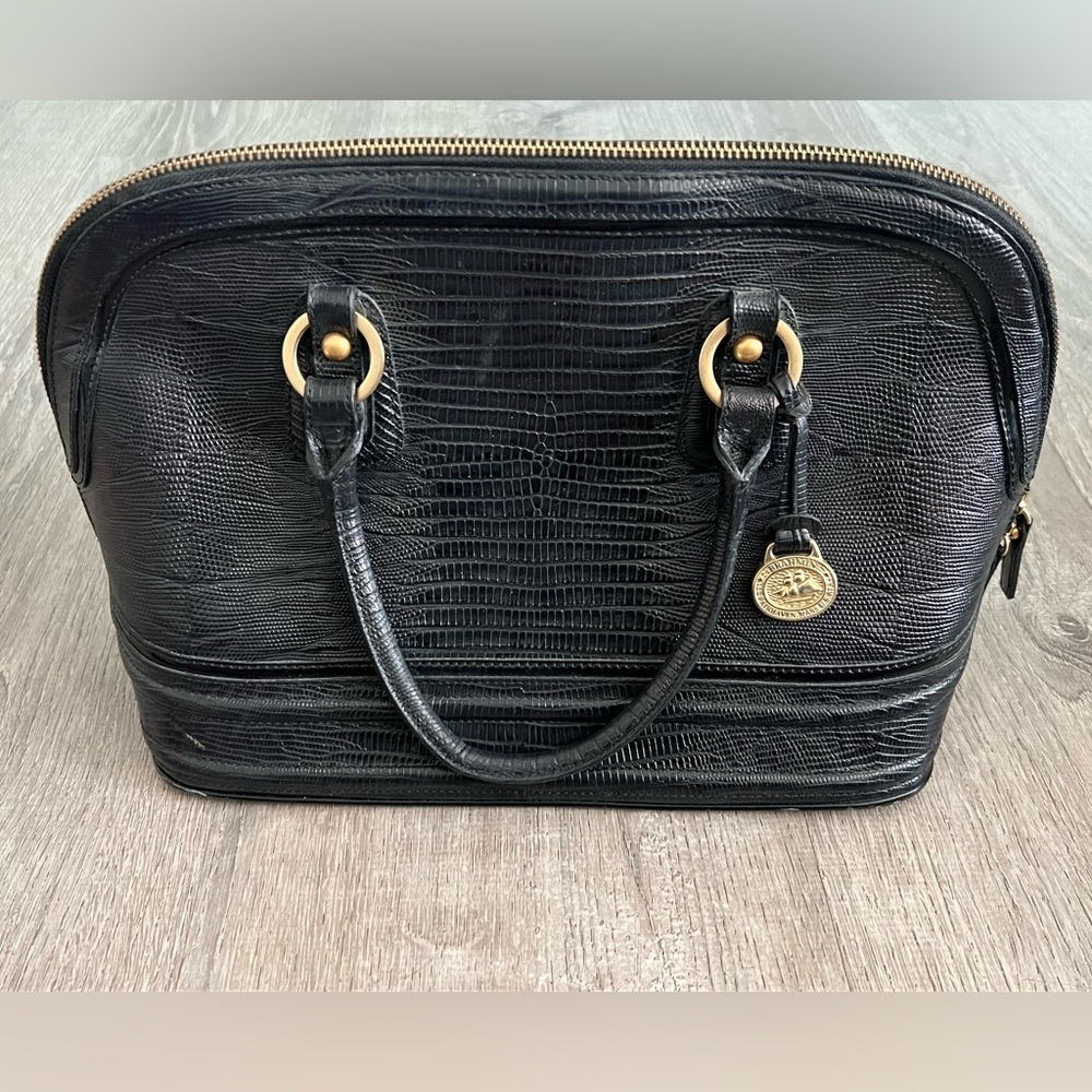 Brahmin Tuscan Collection Satchel Black Leather croc embossed Handbag gold tone - Picture 1 of 6